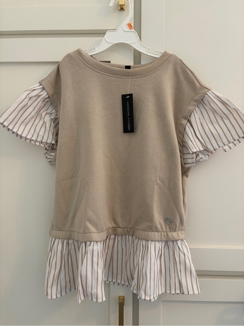 Adrienne Vittadini Beige Top with Striped Ruffle Sleeves